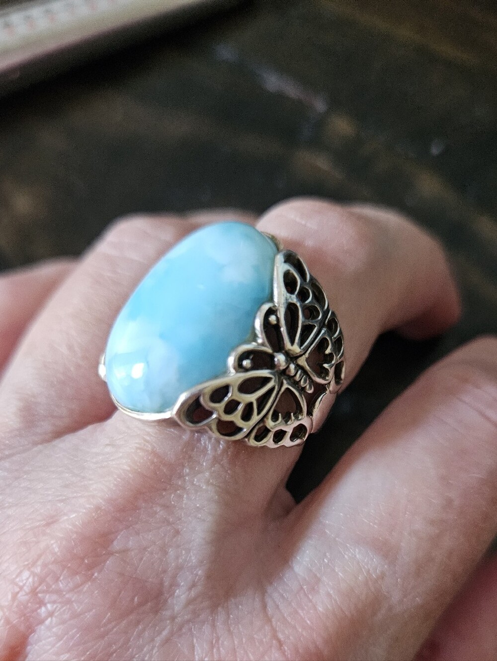 Vintage Sterling Silver Butterfly Larimar Statement Ring in Sky Blue